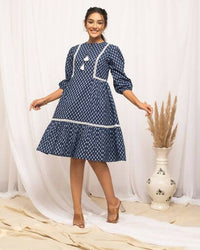 Thumbnail for FIORRA Women's Blue Cotton Floral Printed Western Dress - Distacart