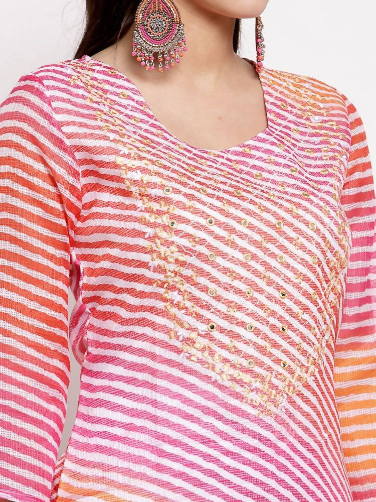 Myshka Women's Trendy Multi Cotton Printed 3/4 Sleeve Round Neck Casual Kurta