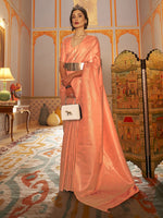 Thumbnail for Mitera Peach-Coloured & Gold-Toned Floral Zari Kanjeevaram Saree - Distacart