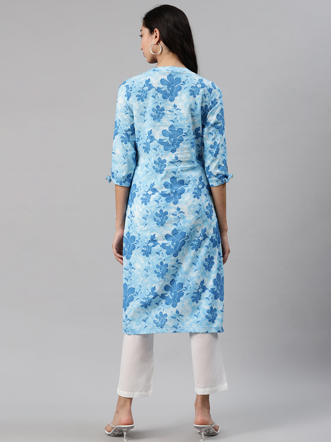 Biba Women Blue & White Printed Kurta with Trousers - Distacart