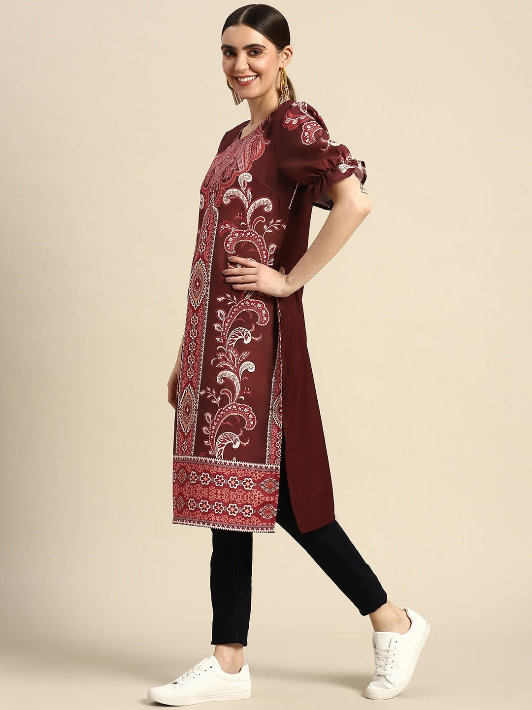 Sangria Women Ethnic Motifs Printed Puff Sleeves Straight Kurta - Distacart