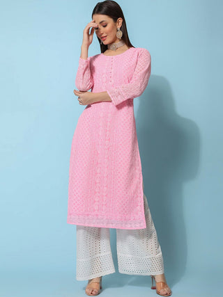 Kalini Ethnic Motifs Embroidered Chikankari Georgette Straight Kurta - Distacart