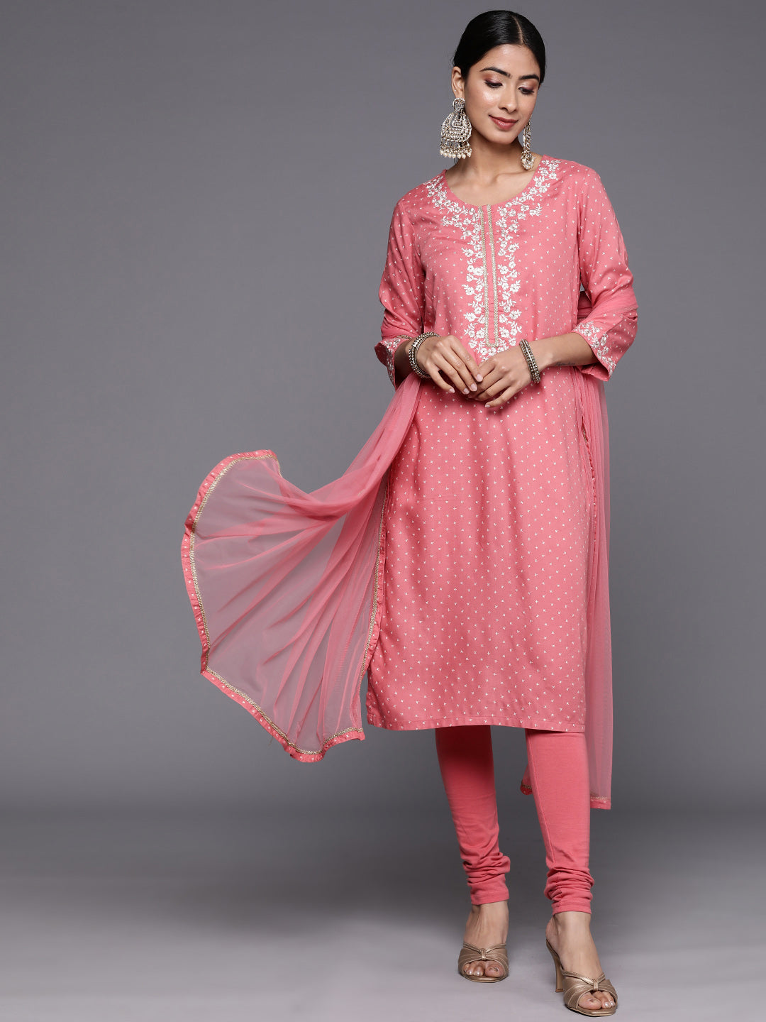 Biba Thread Embroidery Yoke Design Straight Kurta with Churidar & Net Dupatta - Distacart