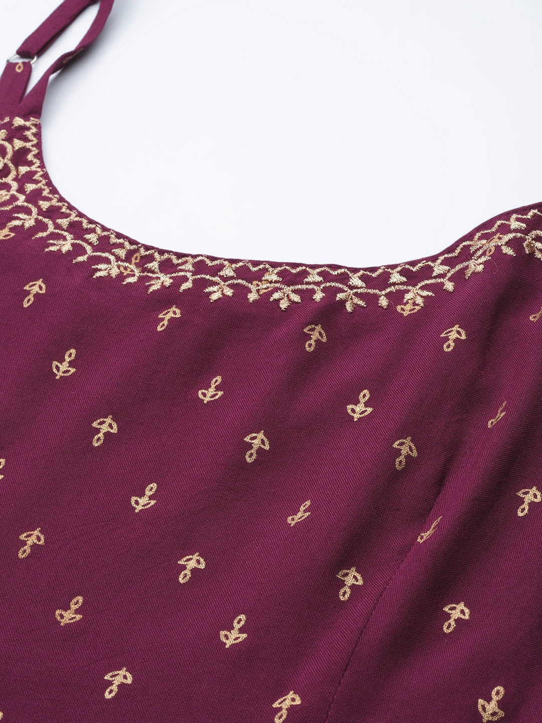Sangria Women Burgundy & Golden Ethnic Motifs Printed Kurta with Sharara & Dupatta - Distacart