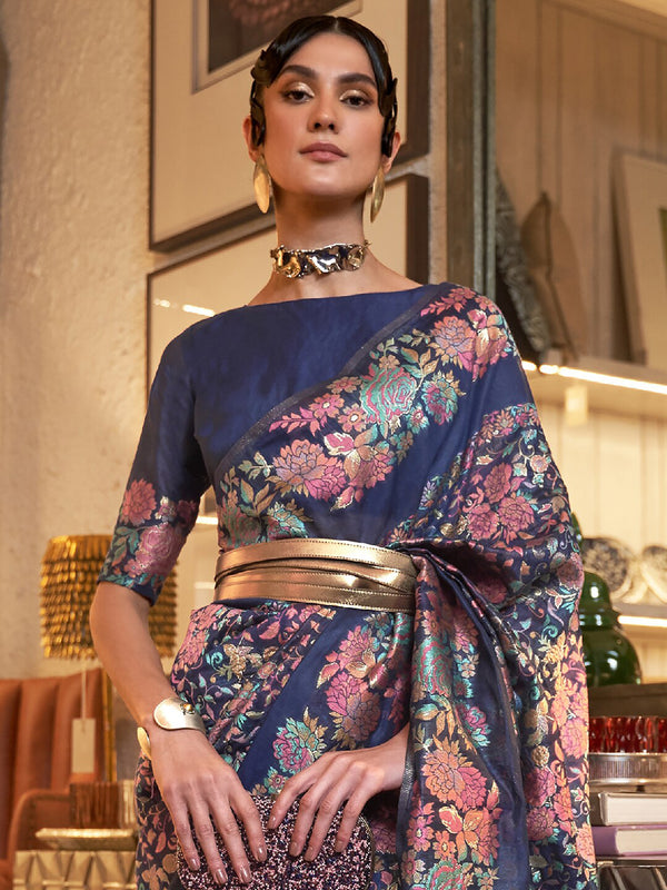 Mitera Navy Blue & Pink Floral Zari Silk Blend Banarasi Saree - Distacart
