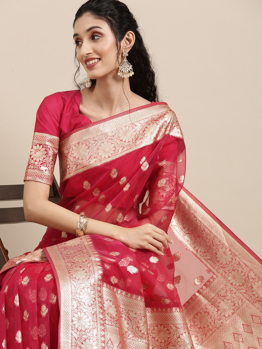 Saree Mall Red Ethnic Motifs Zari Organza Banarasi Saree - Distacart