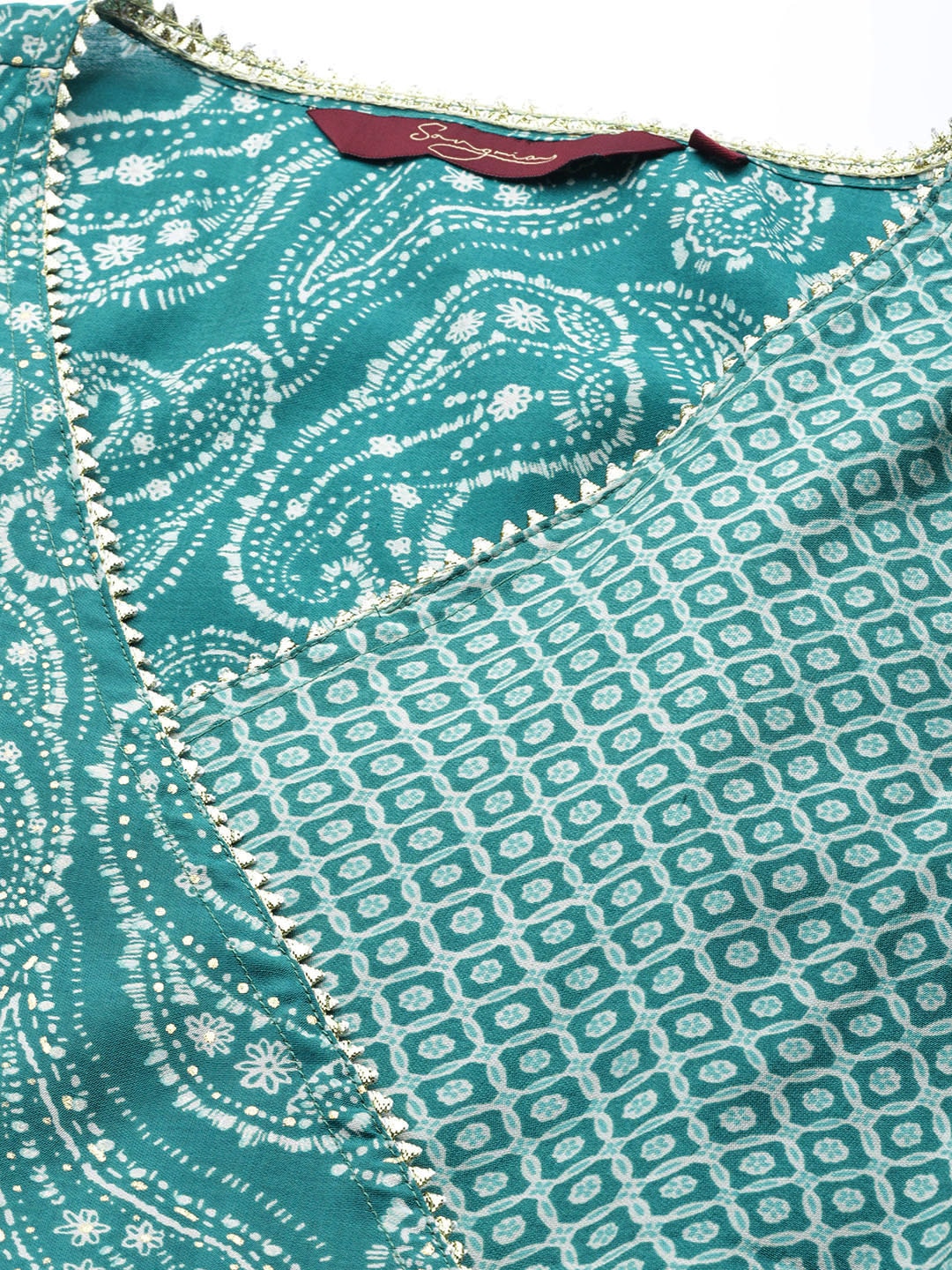 Sangria Women Turquoise Blue Paisley Printed Angrakha Gotta Patti Kurta with Trousers - Distacart