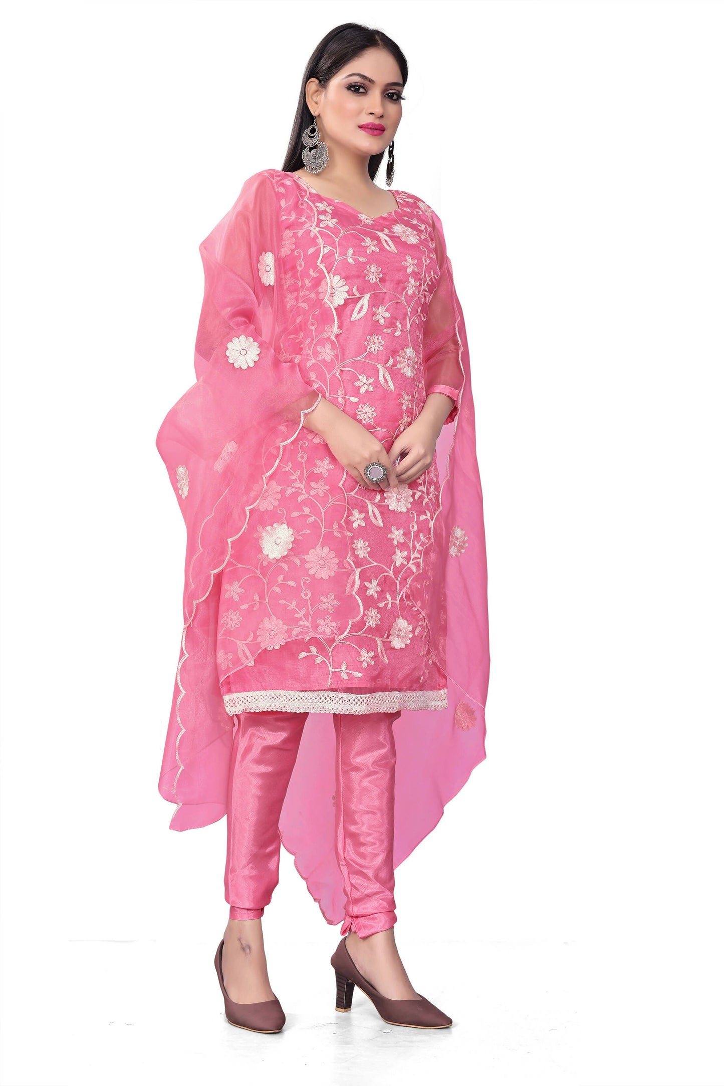 Pink Organza Silk Embroidered Work Unstitched Dress Material - Tanvi - Distacart