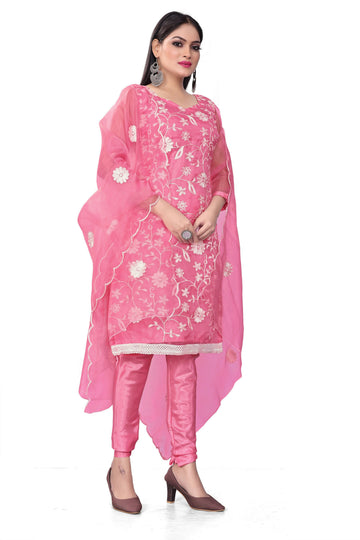 Pink Organza Silk Embroidered Work Unstitched Dress Material - Tanvi - Distacart