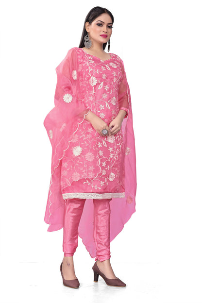 Pink Organza Silk Embroidered Work Unstitched Dress Material - Tanvi - Distacart