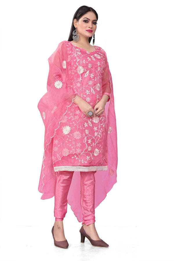 Pink Organza Silk Embroidered Work Unstitched Dress Material - Tanvi - Distacart