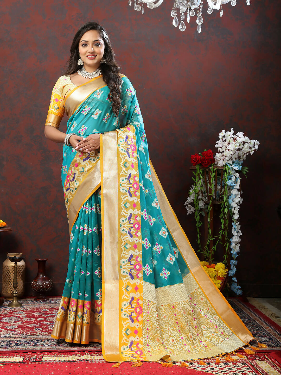 Lorenvalley Fashion Teal Organza Silk Woven Design with Meenakari Weaving Saree - Distacart