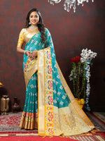 Thumbnail for Lorenvalley Fashion Teal Organza Silk Woven Design with Meenakari Weaving Saree - Distacart