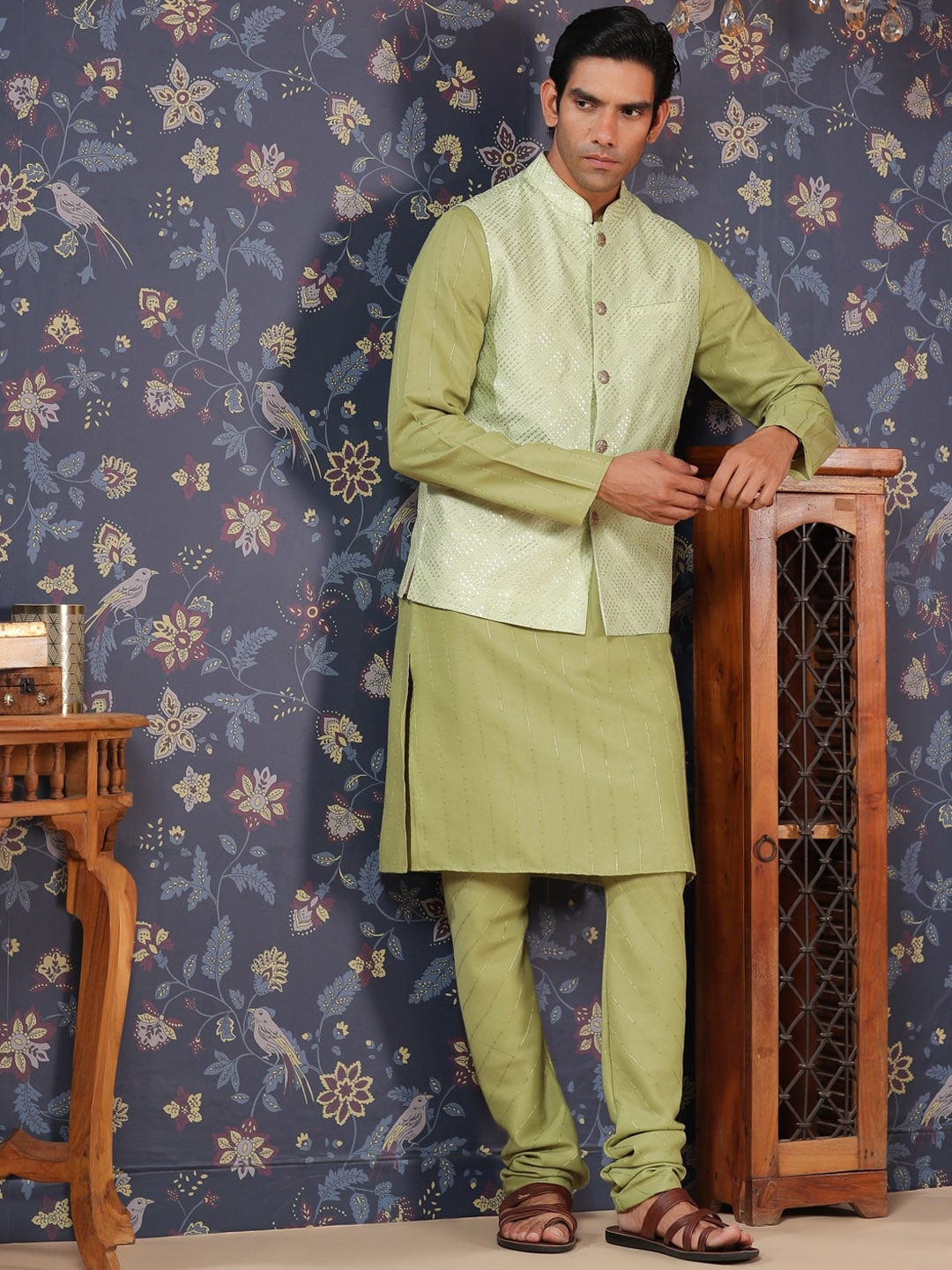 House of Pataudi Straight Kurta With Pyjamas & Embroidered Sequin Work Nehru Jacket - Distacart