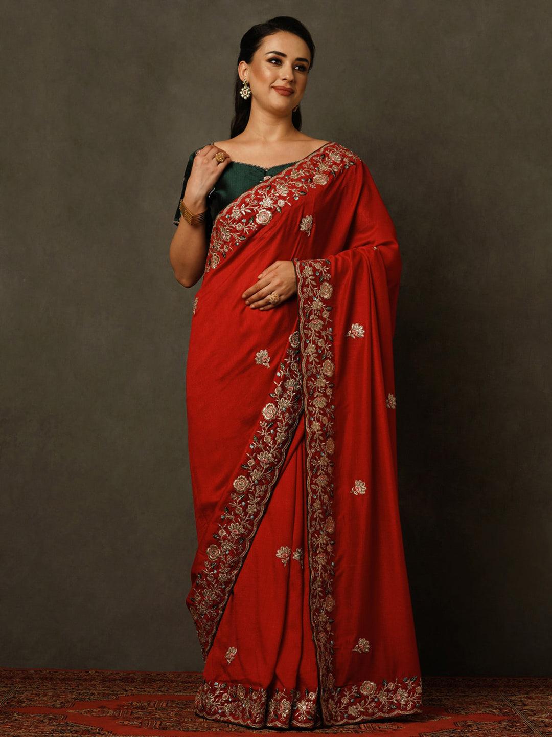 Mitera Red & Green Ethnic Motifs Embroidered Saree - Distacart