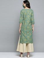 Thumbnail for HERE&NOW Women Green & Golden Printed Straight Kurta - Distacart