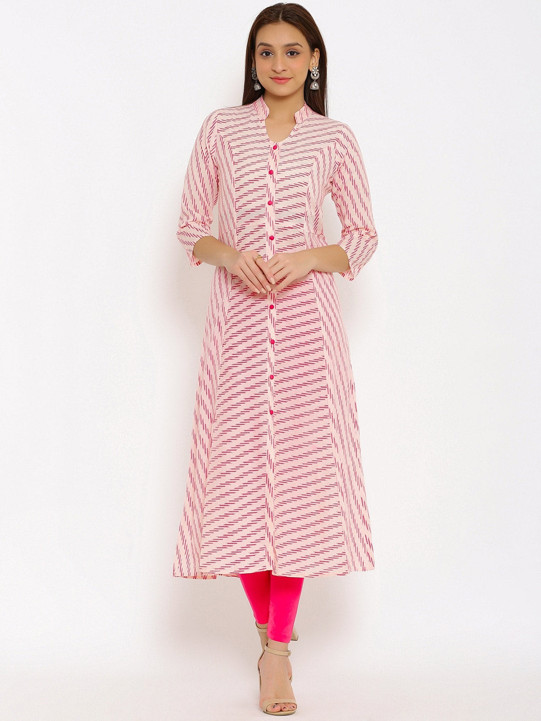 HERE&NOW Pink Mandarin Collar Striped A-Line Kurta - Distacart
