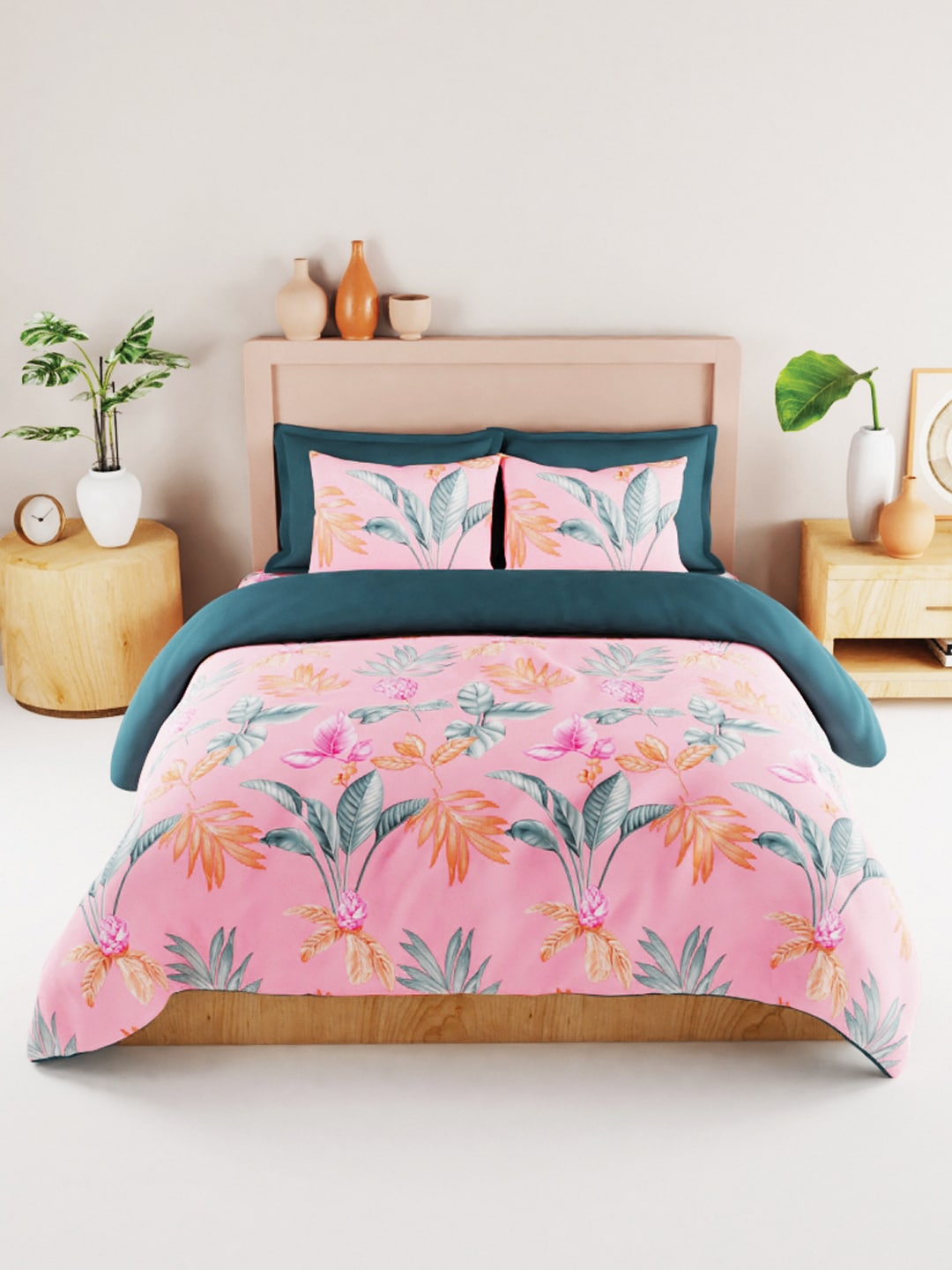 BIANCA Coral & Orange Floral 186 TC King Bedsheet with 2 Pillow Covers - Distacart