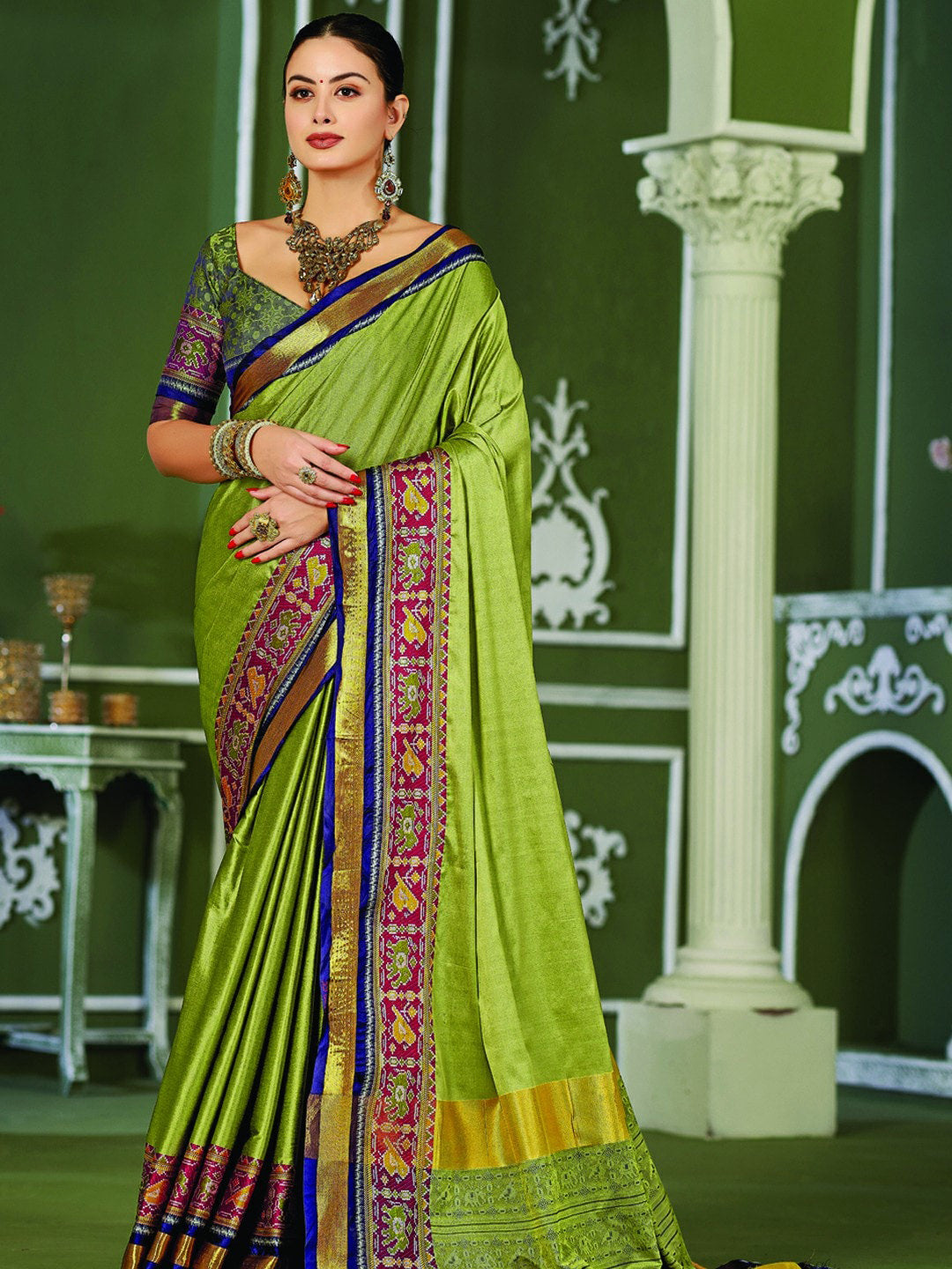 Mitera Olive Green & Blue Zari Pure Silk Banarasi Saree - Distacart