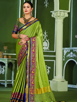 Thumbnail for Mitera Olive Green & Blue Zari Pure Silk Banarasi Saree - Distacart