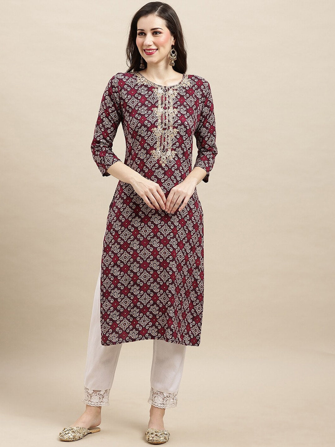 Sangria Purple & White Bandhani Printed Straight Kurta - Distacart