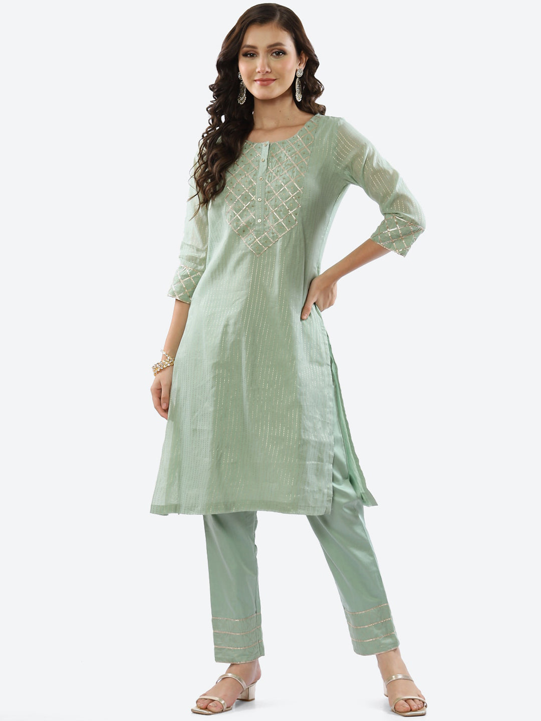 Biba Women Green Printed Kurta with Trousers - Distacart