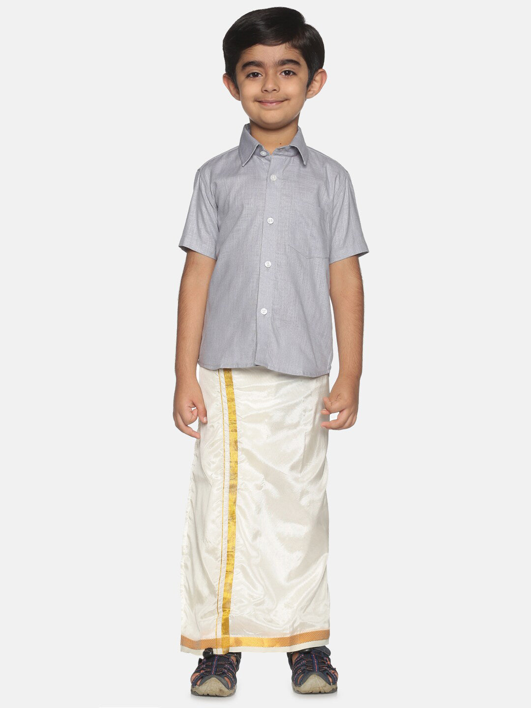 Sethukrishna Boys Grey & White Pure Cotton Shirt With Veshti Set - Distacart