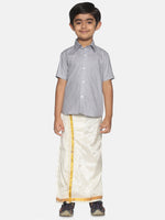 Thumbnail for Sethukrishna Boys Grey & White Pure Cotton Shirt With Veshti Set - Distacart
