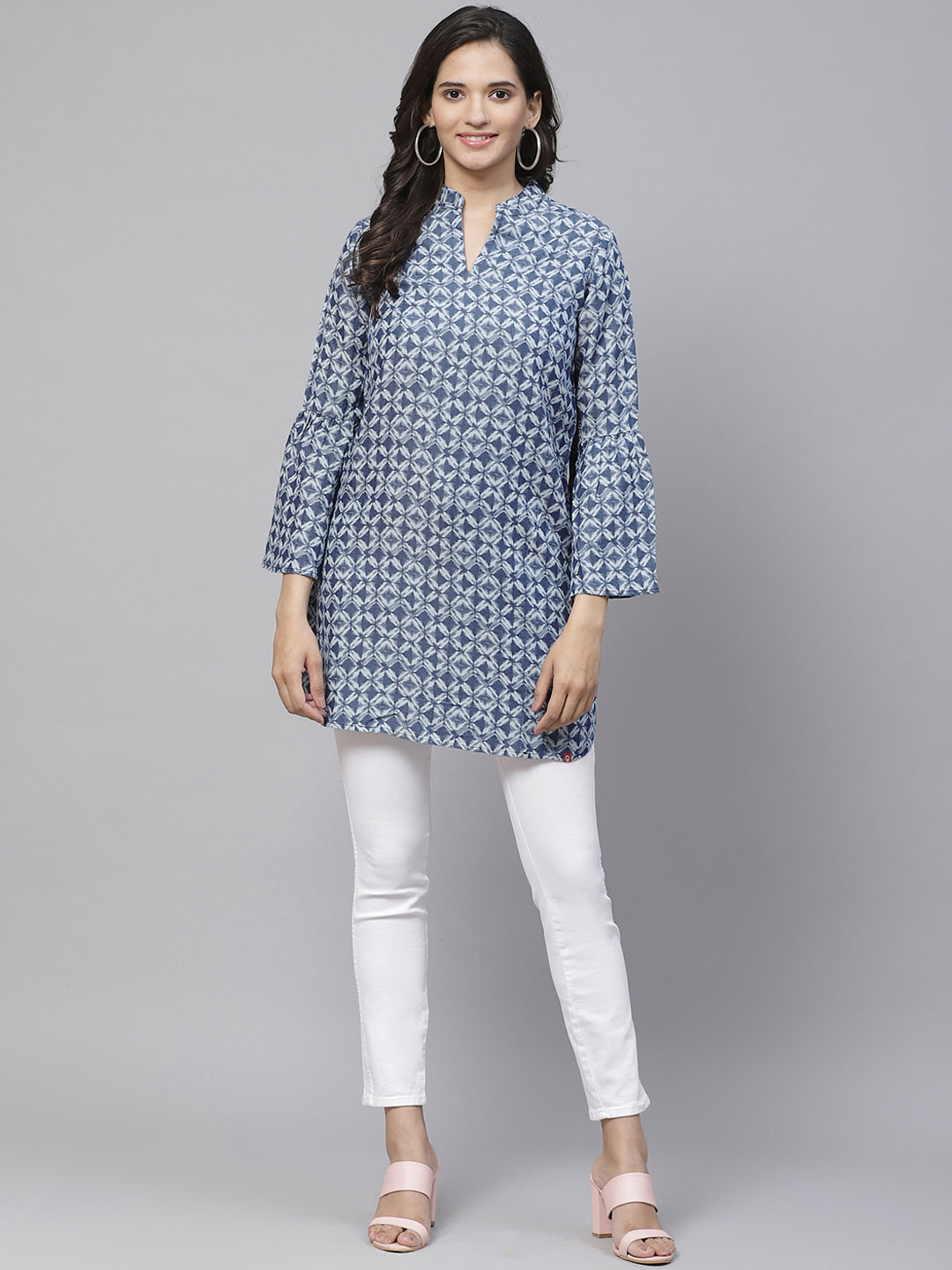 Biba Women Blue & Grey Printed Straight Kurta - Distacart