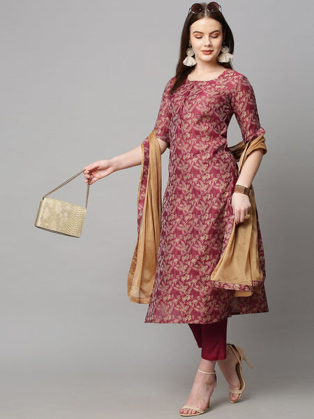 Kalini Women Red Floral Woven Kurta with Trousers & Dupatta - Distacart