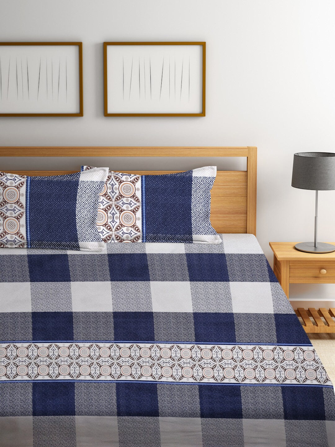 Home Sizzler Blue & White 210 TC Queen Geometric Cotton Bedsheet with 2 Pillow Covers - Distacart