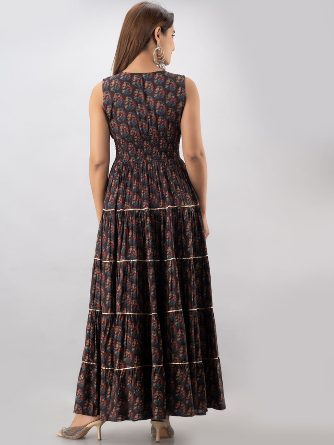 Kalini Women Brown Ethnic Motifs Floral Tiered Anarkali Kurta - Distacart