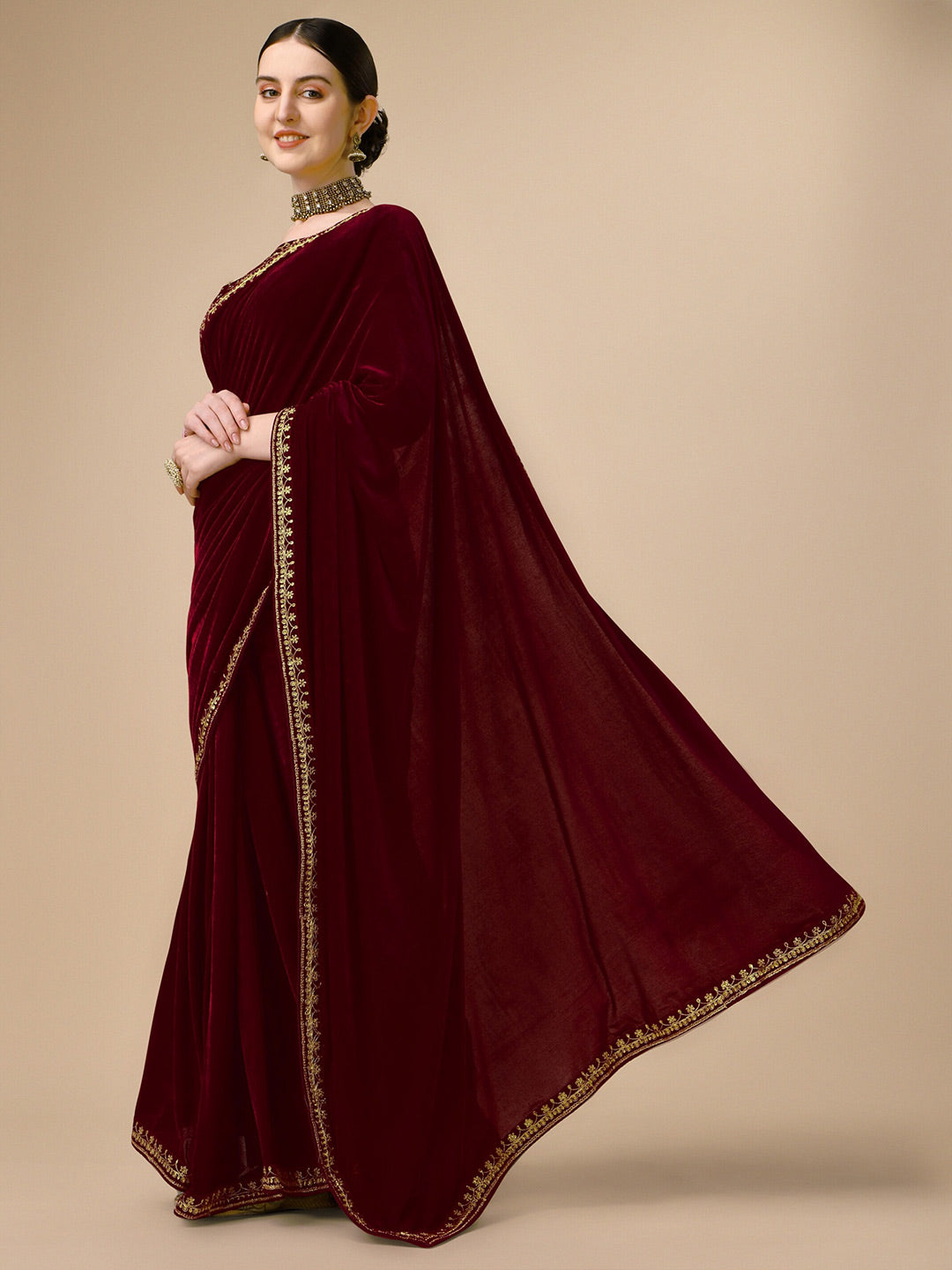 Kalini Embroidered Border Lace Work Velvet Saree - Distacart