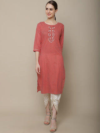Sangria Women Red & White Cotton Checked Yoke Design Thread Work Kurta - Distacart