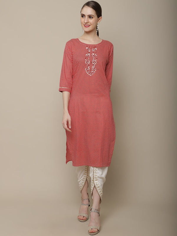Sangria Women Red & White Cotton Checked Yoke Design Thread Work Kurta - Distacart