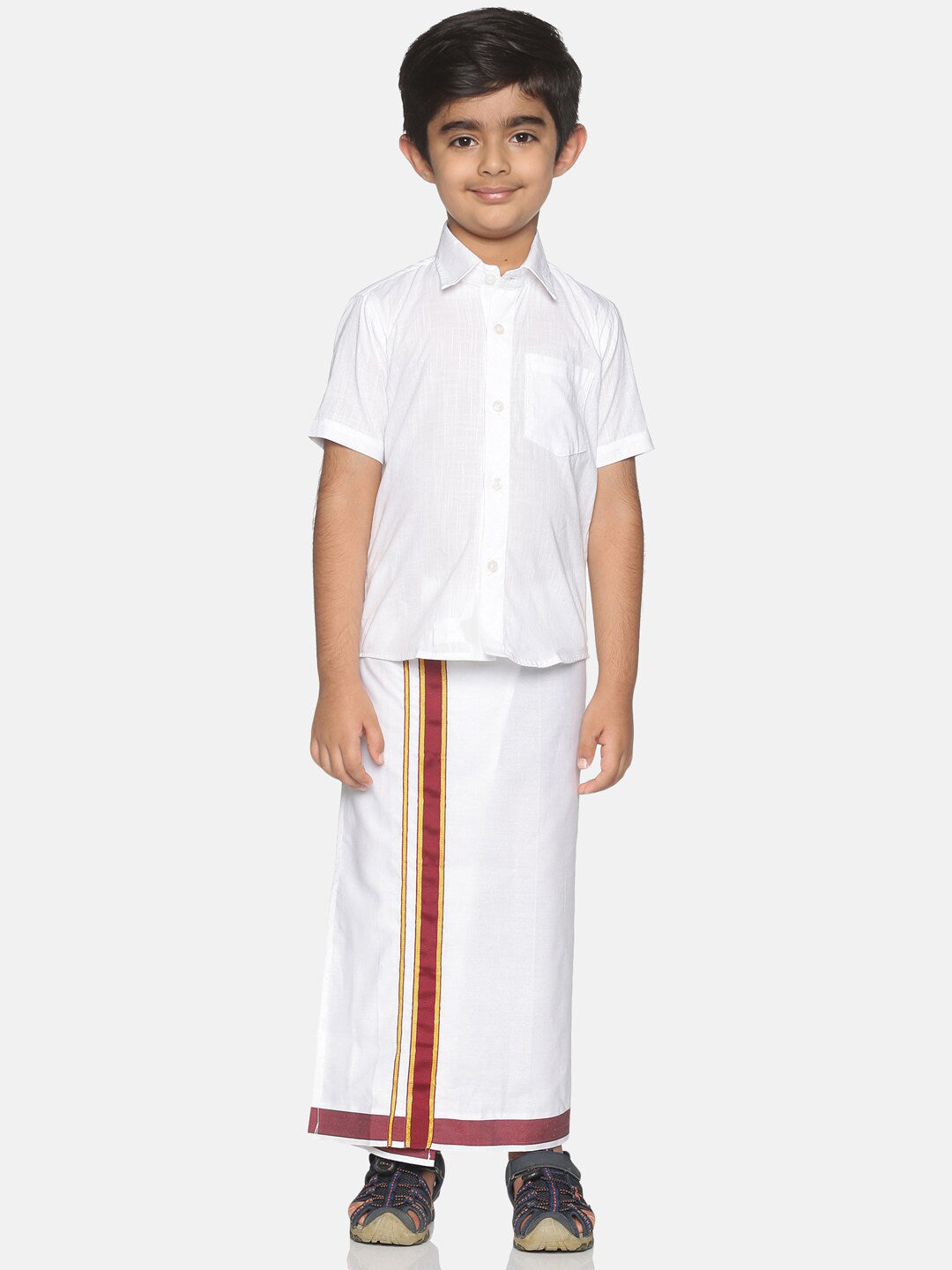Sethukrishna Boys White & Red Pure Cotton Solid Shirt and Veshti Set - Distacart