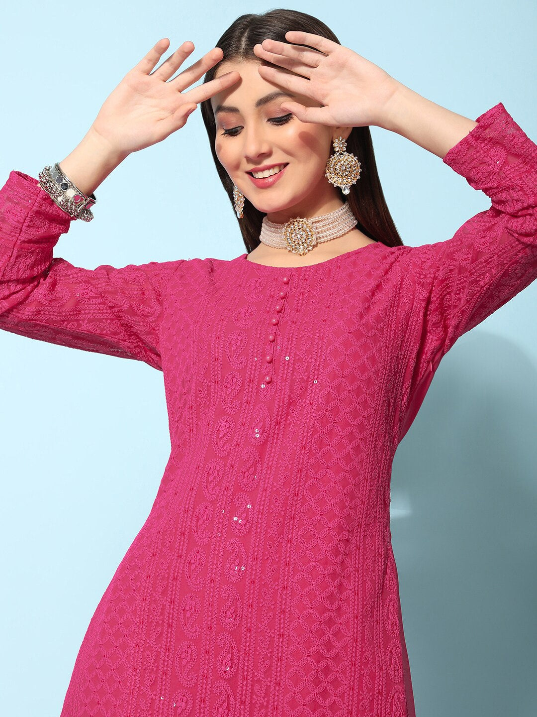 Kalini Ethnic Motifs Embroidered Chikankari Georgette Kurta - Distacart