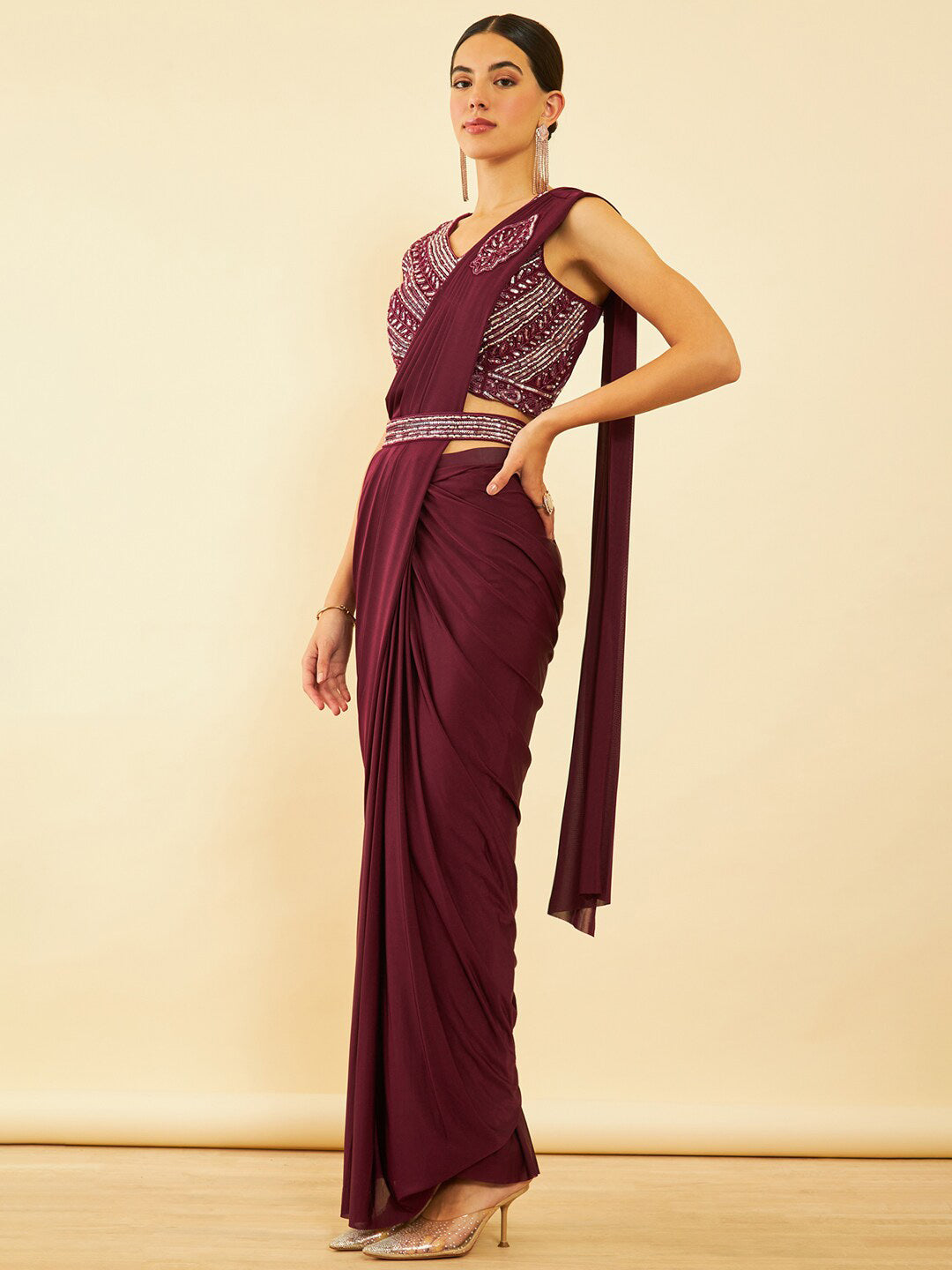 Soch Maroon Beads and Stones Ready to Wear Saree - Distacart