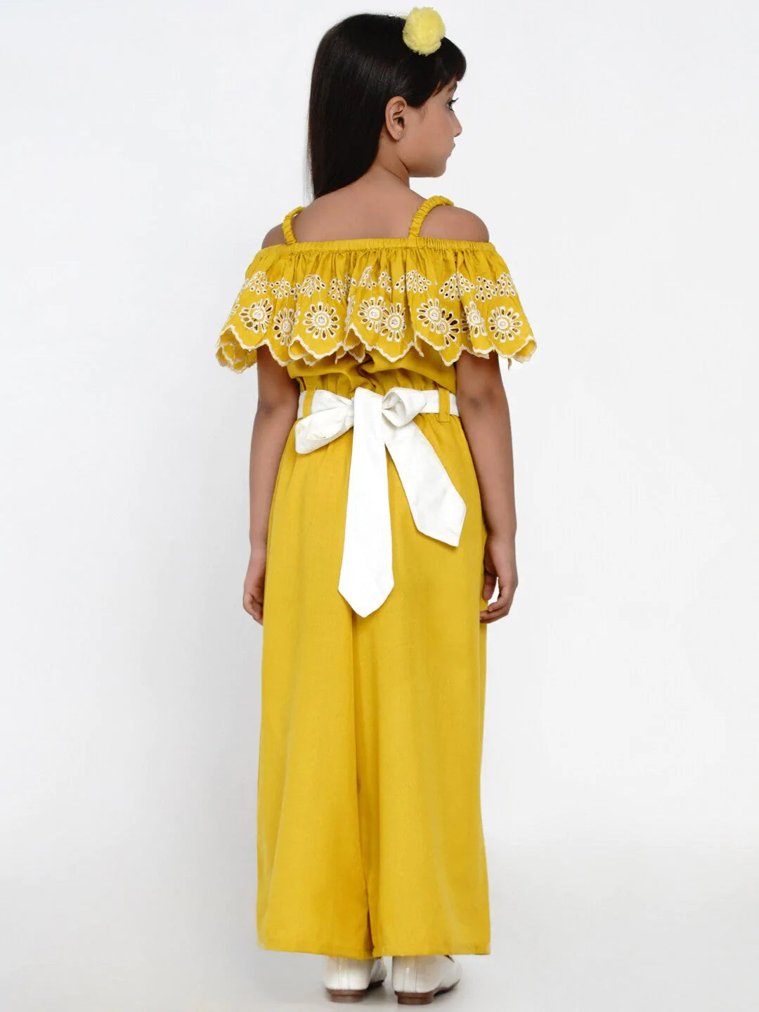 NOZ2TOZ Mustard Yellow & White Off-Shoulder Schiffli Basic Jumpsuit For Girls - Distacart