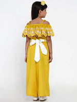 Thumbnail for NOZ2TOZ Mustard Yellow & White Off-Shoulder Schiffli Basic Jumpsuit For Girls - Distacart