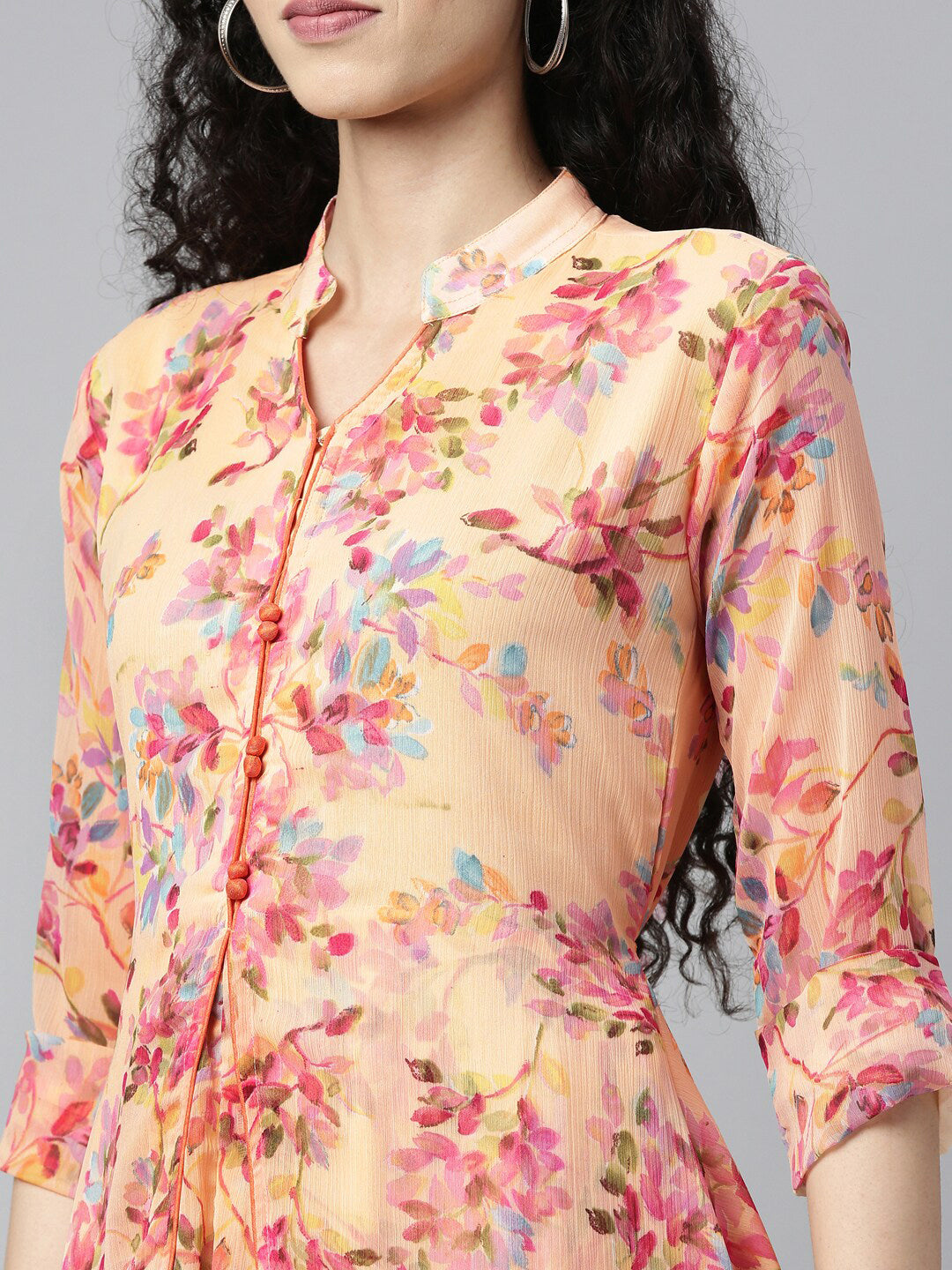 Souchii Peach-Coloured Floral Layered Chiffon Beautiful A-Line Midi Dress - Distacart