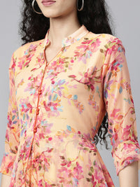 Thumbnail for Souchii Peach-Coloured Floral Layered Chiffon Beautiful A-Line Midi Dress - Distacart