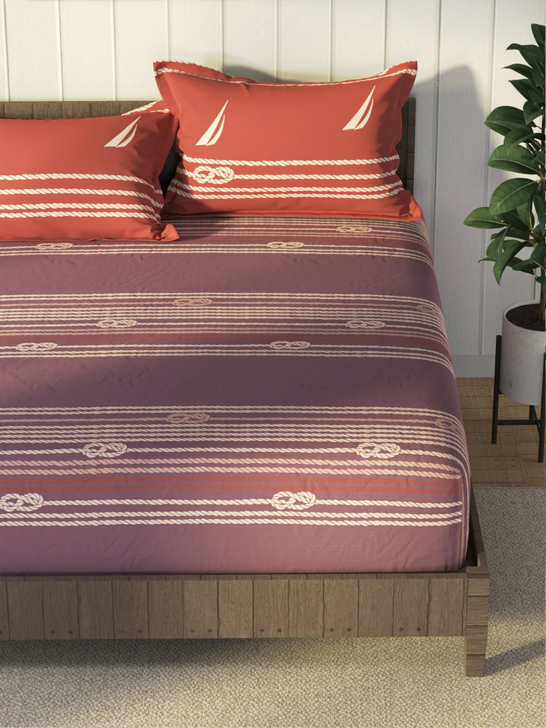 Nautica Purple & Orange Striped Cotton 160 TC King Bedsheet With 2 Pillow Covers - Distacart