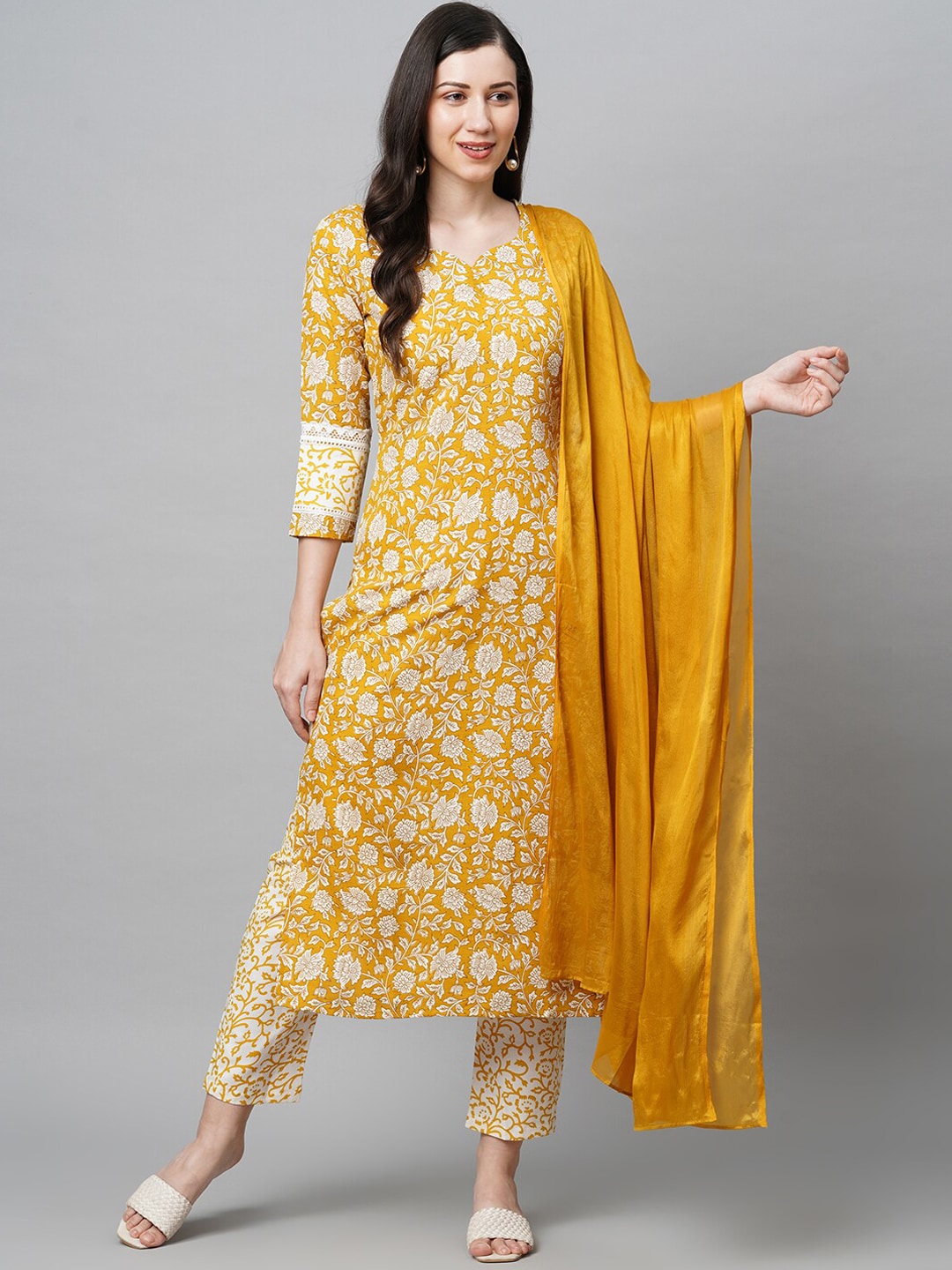 Kalini Women Yellow Floral Printed Kurta with Trousers & With Dupatta - Distacart