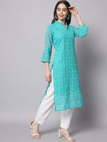Thumbnail for HERE&NOW Women Turquoise Blue Ethnic Motifs Embroidered Thread Work Georgette Kurta - Distacart