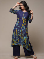 Thumbnail for Biba Floral Printed Thread Work Beads Detail A-Line Asymmetric Kurta - Distacart