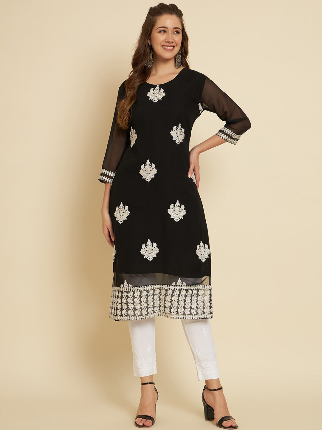 HERE&NOW Black & White Ethnic Motifs Chikankari Embroidered Georgette Kurta - Distacart