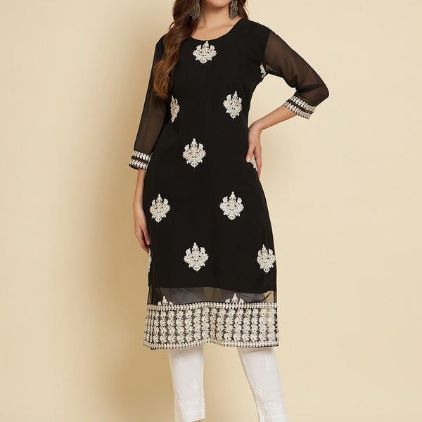 HERE&NOW Black & White Ethnic Motifs Chikankari Embroidered Georgette Kurta - Distacart