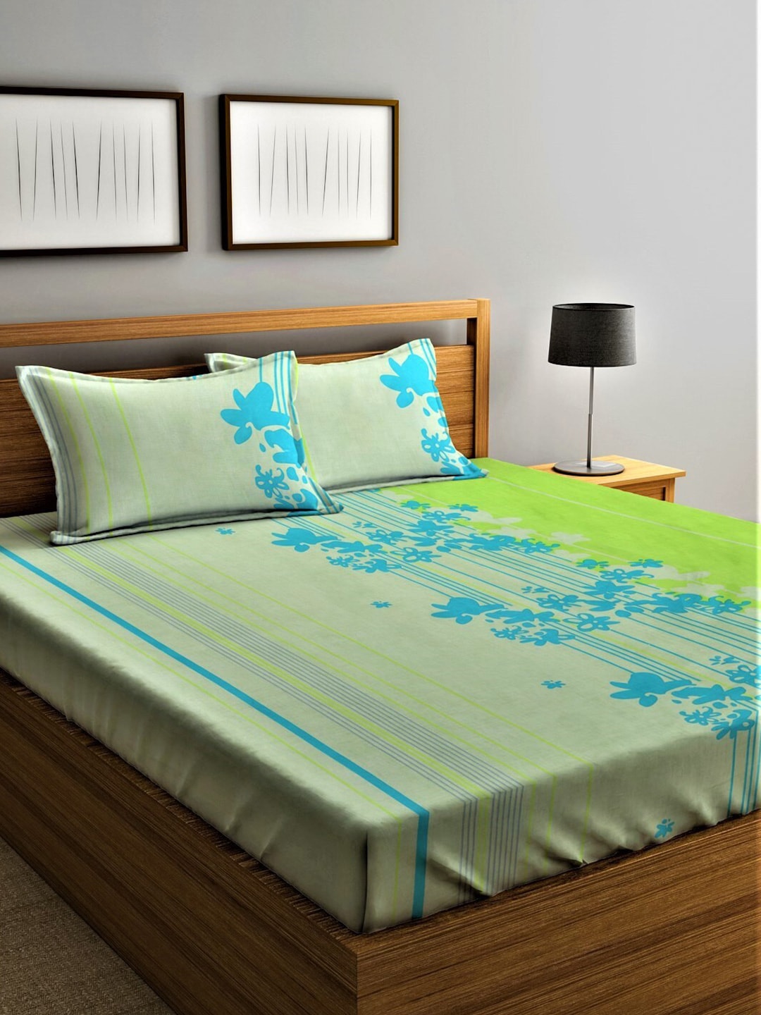 Home Sizzler Green & Blue Floral Cotton 210 TC Queen Bedsheet with 2 Pillow Covers - Distacart