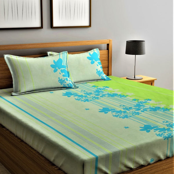 Home Sizzler Green & Blue Floral Cotton 210 TC Queen Bedsheet with 2 Pillow Covers - Distacart